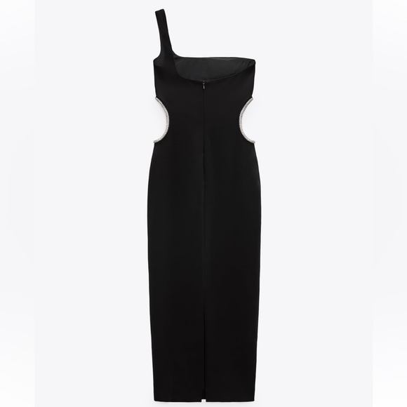 Zara NWT black one shoulder rhinestone side cutout detail midi dress - Picture 8 of 9